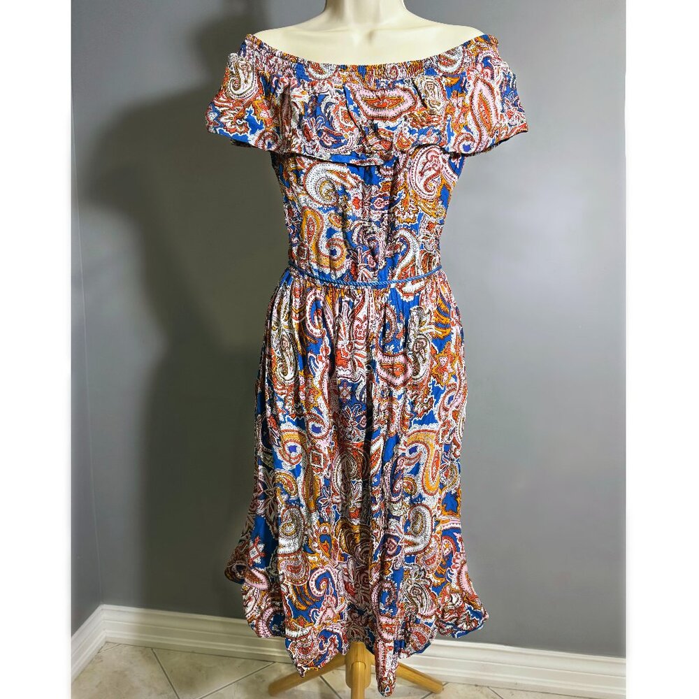 Unique Ruffle Top Paisely Off-Shoulder Boho Dress w/ tassel waist